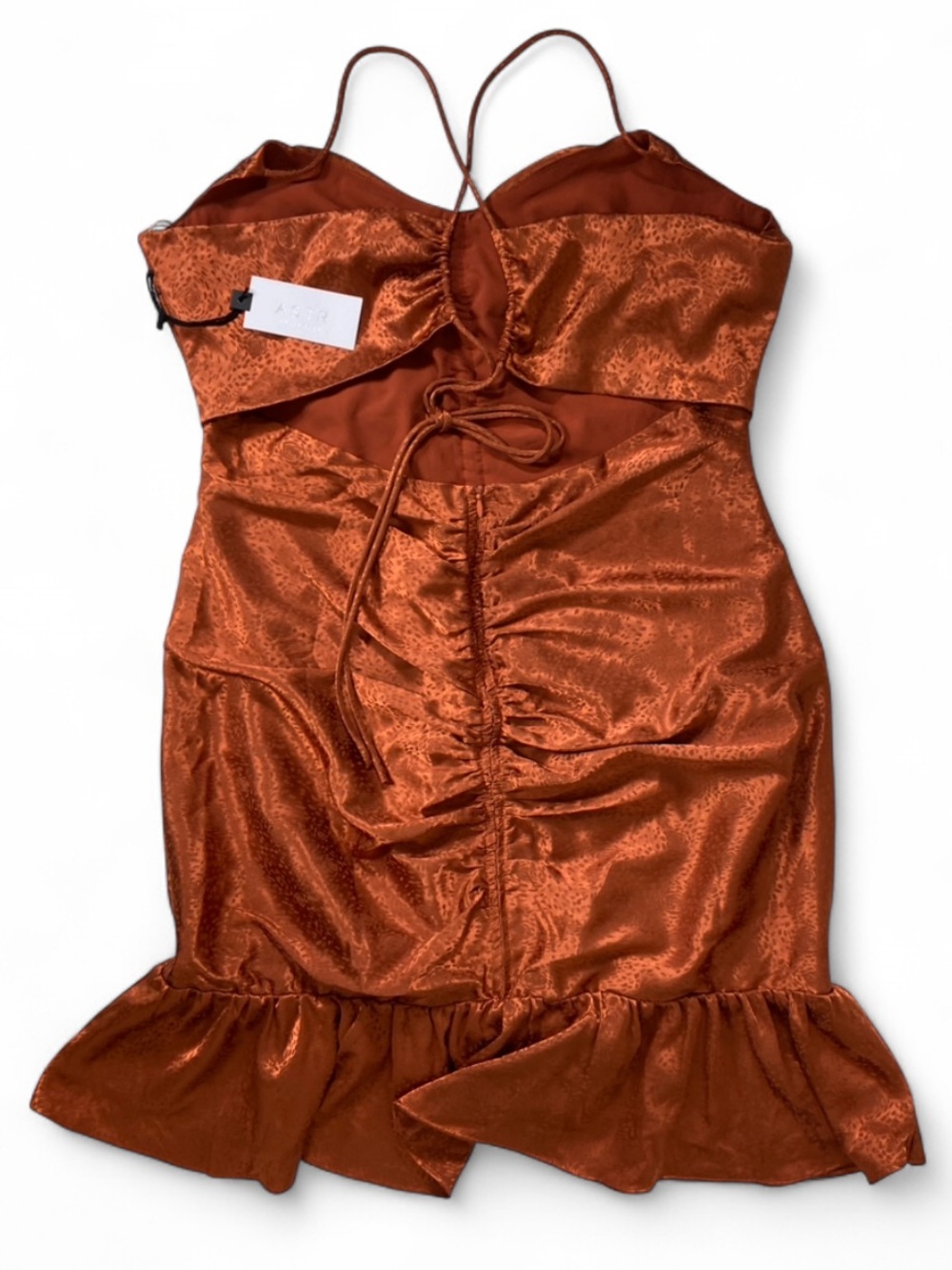 ASTR The Label Rust Ruched Bodycon Mini Dress Open Back Ruffle Hem L - Picture 6 of 11